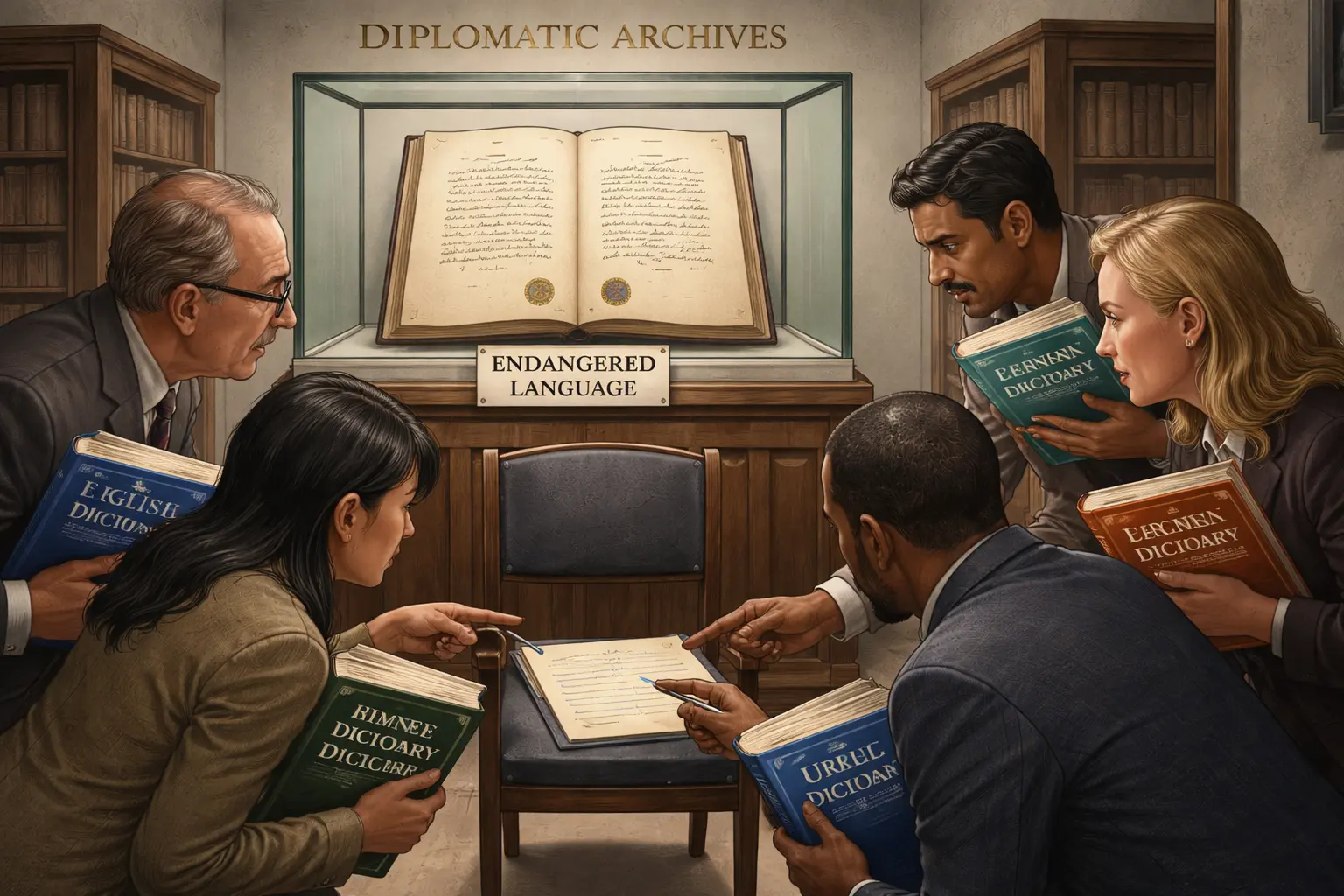 A treaty page sits in a glass display case marked as an endangered language while interpreters argue around an empty chair.