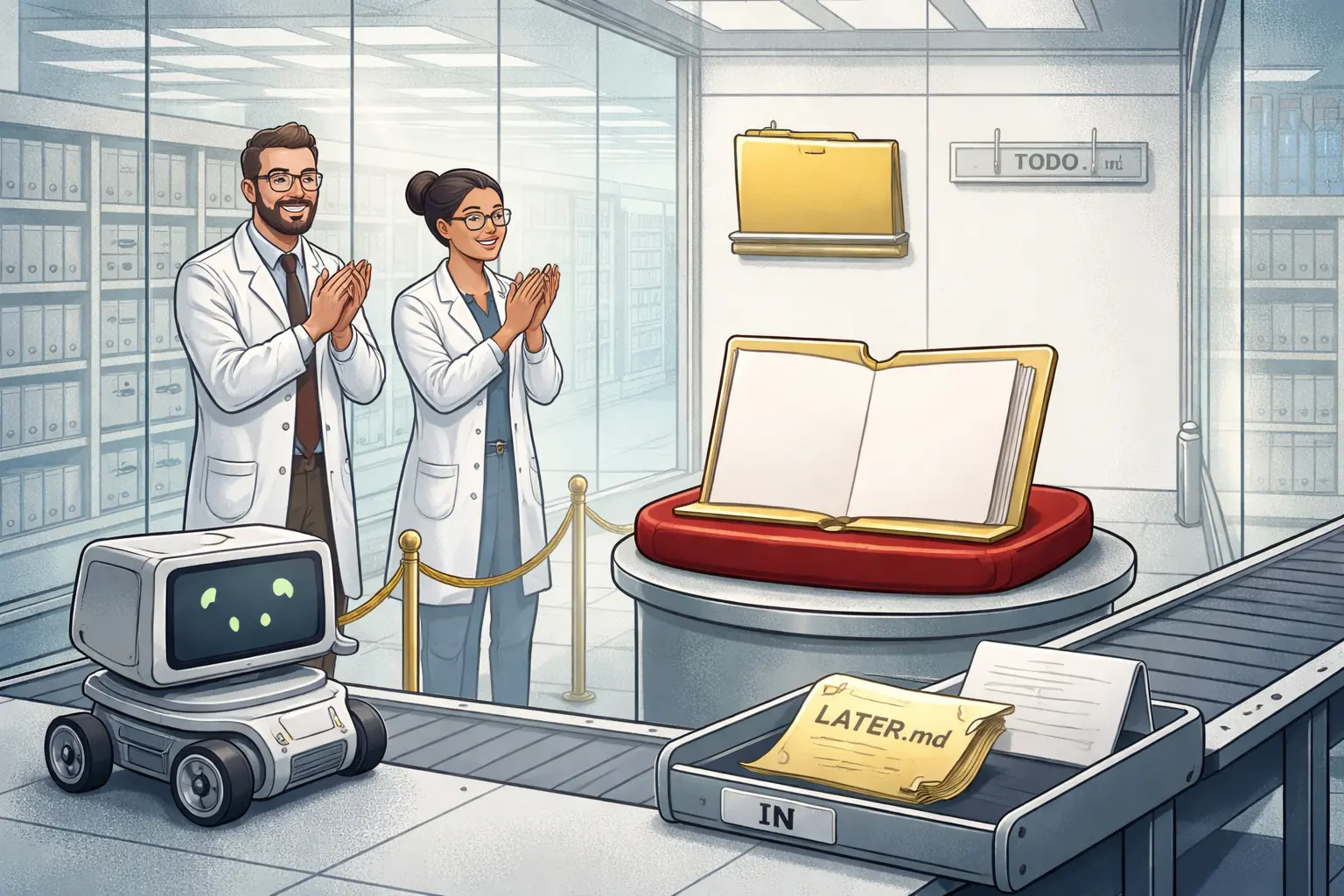 Two researchers applaud an empty folder on a pedestal as a wheeled computer sends a gold certificate toward a tray labeled “LATER.md”; a closed “TODO.md” folder hangs behind them.