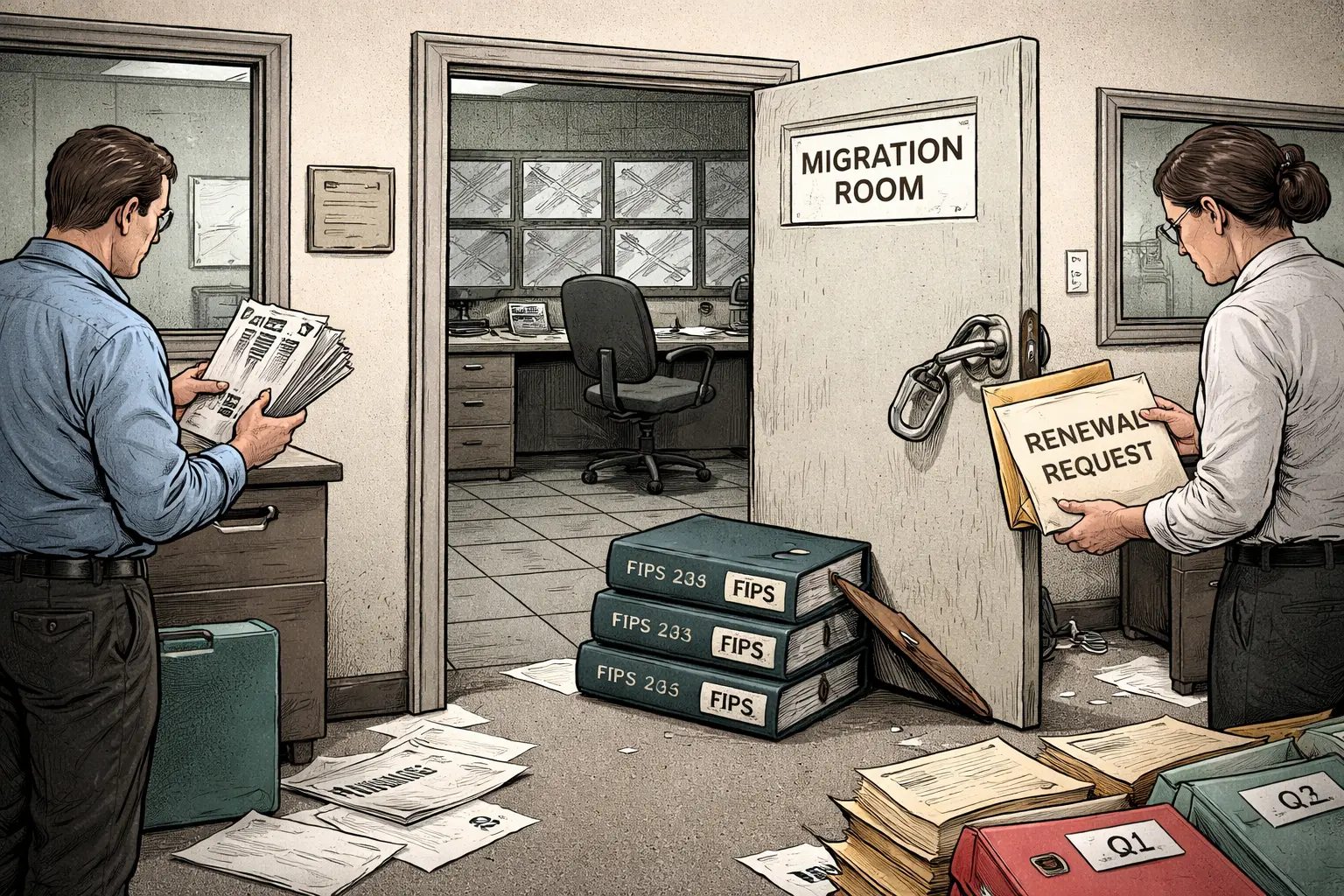 An engineer holds open replacement tickets beside a padlocked office door wedged open by three FIPS binders; a finance clerk accepts a renewal request as quarterly folders spill out.