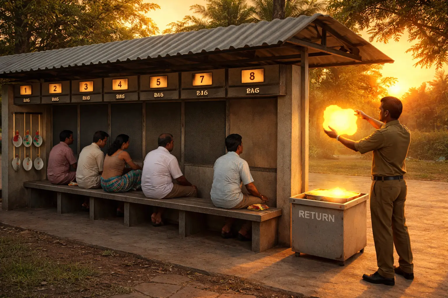 Residents wait at a numbered shade bench while a municipal official attempts to collect a patch of sunlight in a tray, surrounded by tagged hand fans and umbrellas.