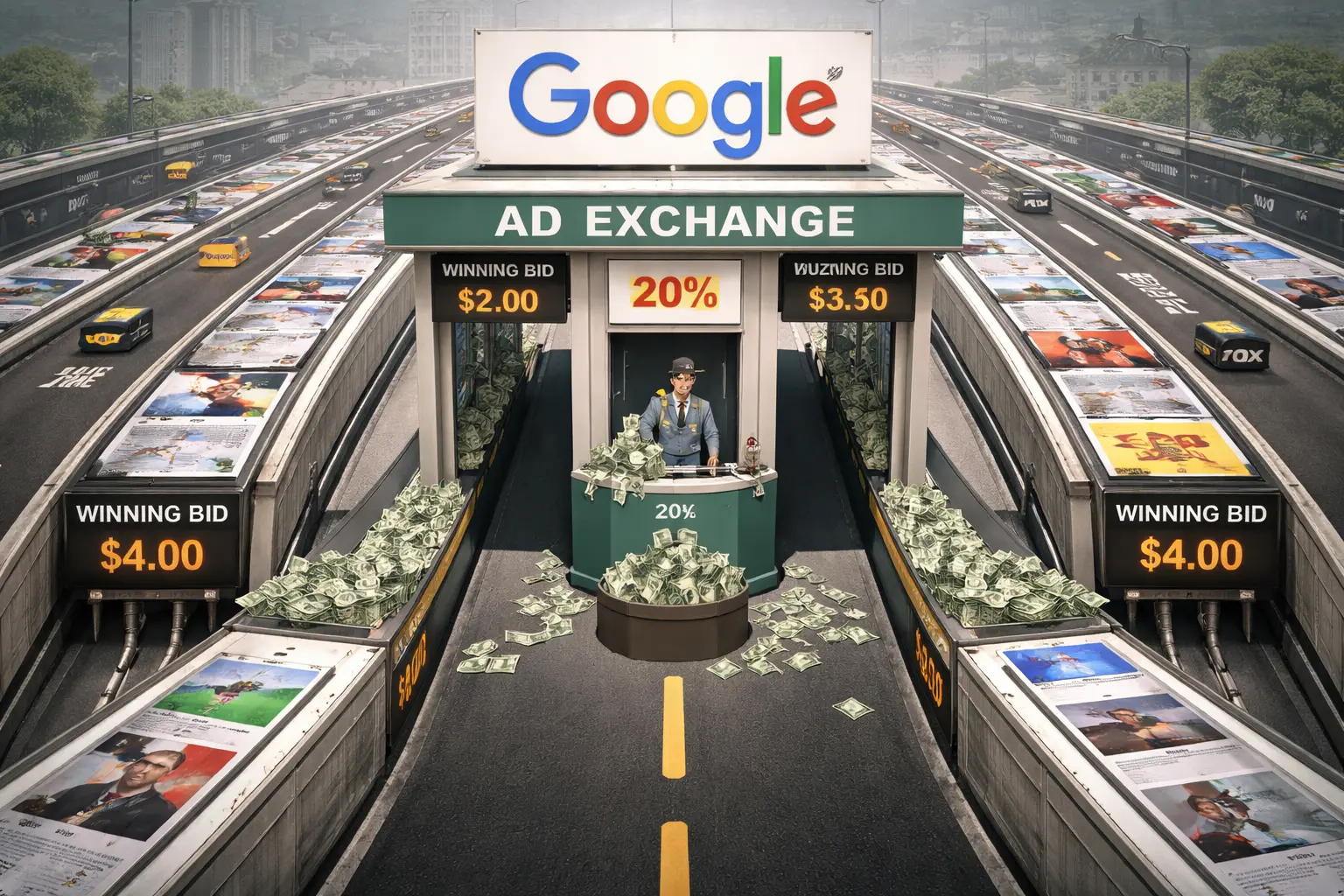 Several rival ad servers send identical bid slips through separate entrances into one central ad exchange tollbooth; each outgoing slip is smaller and marked by a missing 20 percent portion.
