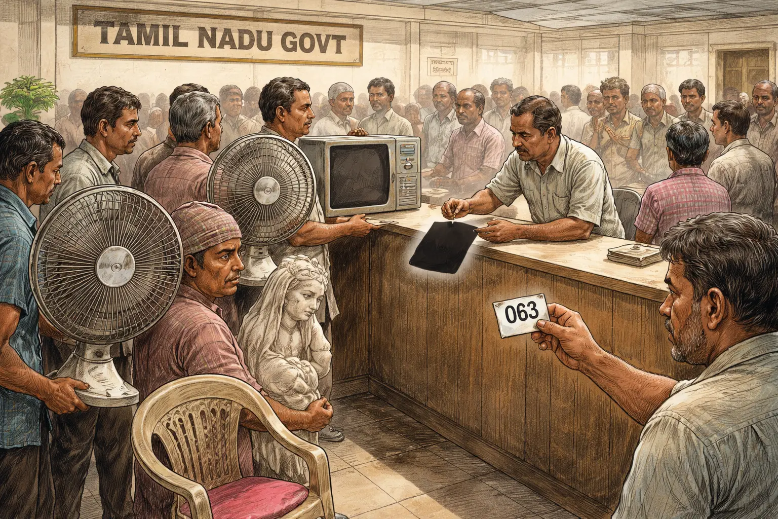 Residents queue at a government counter with improvised cooling objects while a clerk issues a person a small numbered patch of shade.
