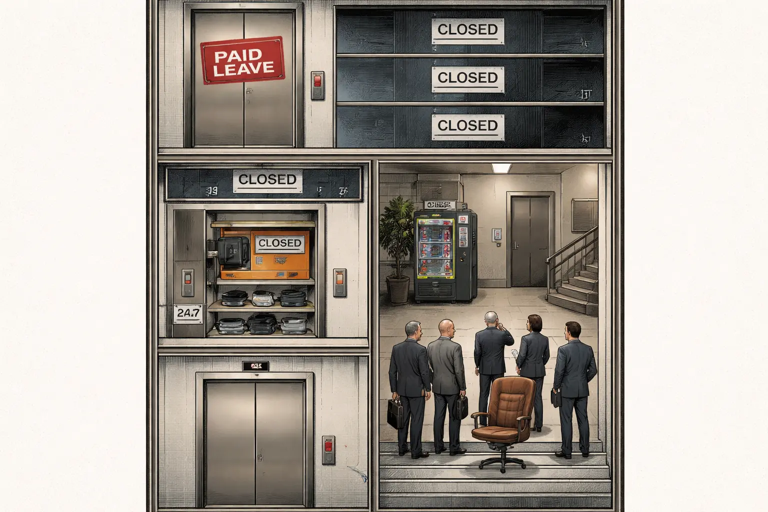 Cutaway office tower: an elevator sits open at Floor 1 under a paid-leave notice, floors 18–37 are closed, and a replacement door sensor sits in a Floor 24 storeroom above directors gathered by a lobby vending machine.
