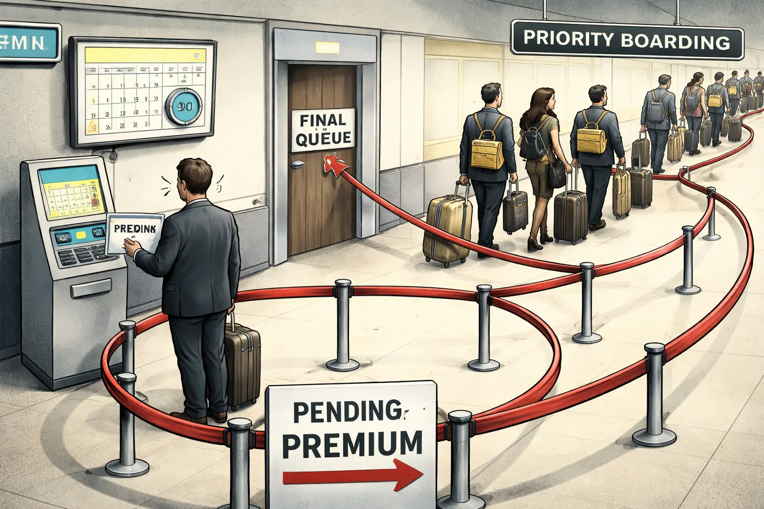 An airport queue loops from a kiosk to the boarding door and back. A passenger holds “PENDING PREMIUM” beneath a “FINAL PRE-QUEUE” sign while travelers in a separate lane pass by.