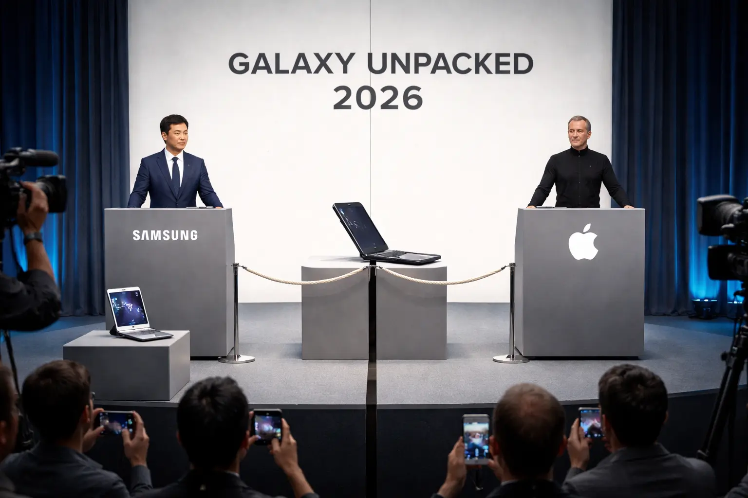 A half-open flip phone straddles a seam between two podium halves at Galaxy Unpacked 2026. Samsung and Apple representatives stand on opposite sides, while a closed Galaxy Z Flip7 sits in a nearby cradle.
