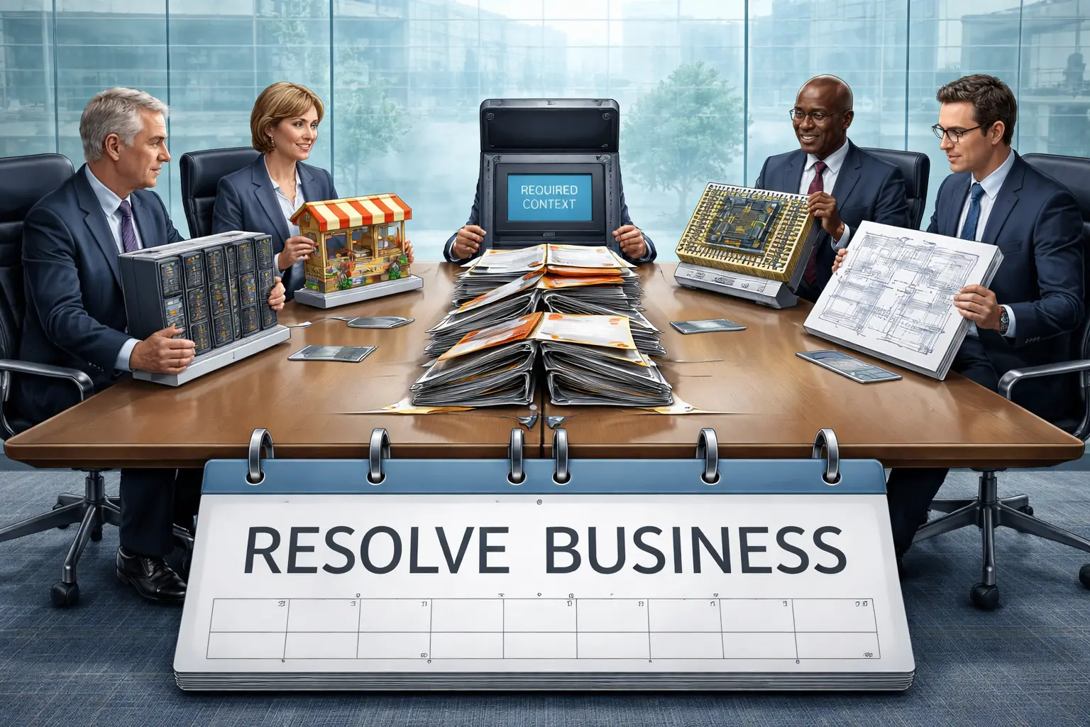 A meeting-summarizer terminal sits in the CEO chair, binding four contradictory product displays into one ledger while the directors’ chairs sit beneath a “RESOLVE BUSINESS” calendar card.
