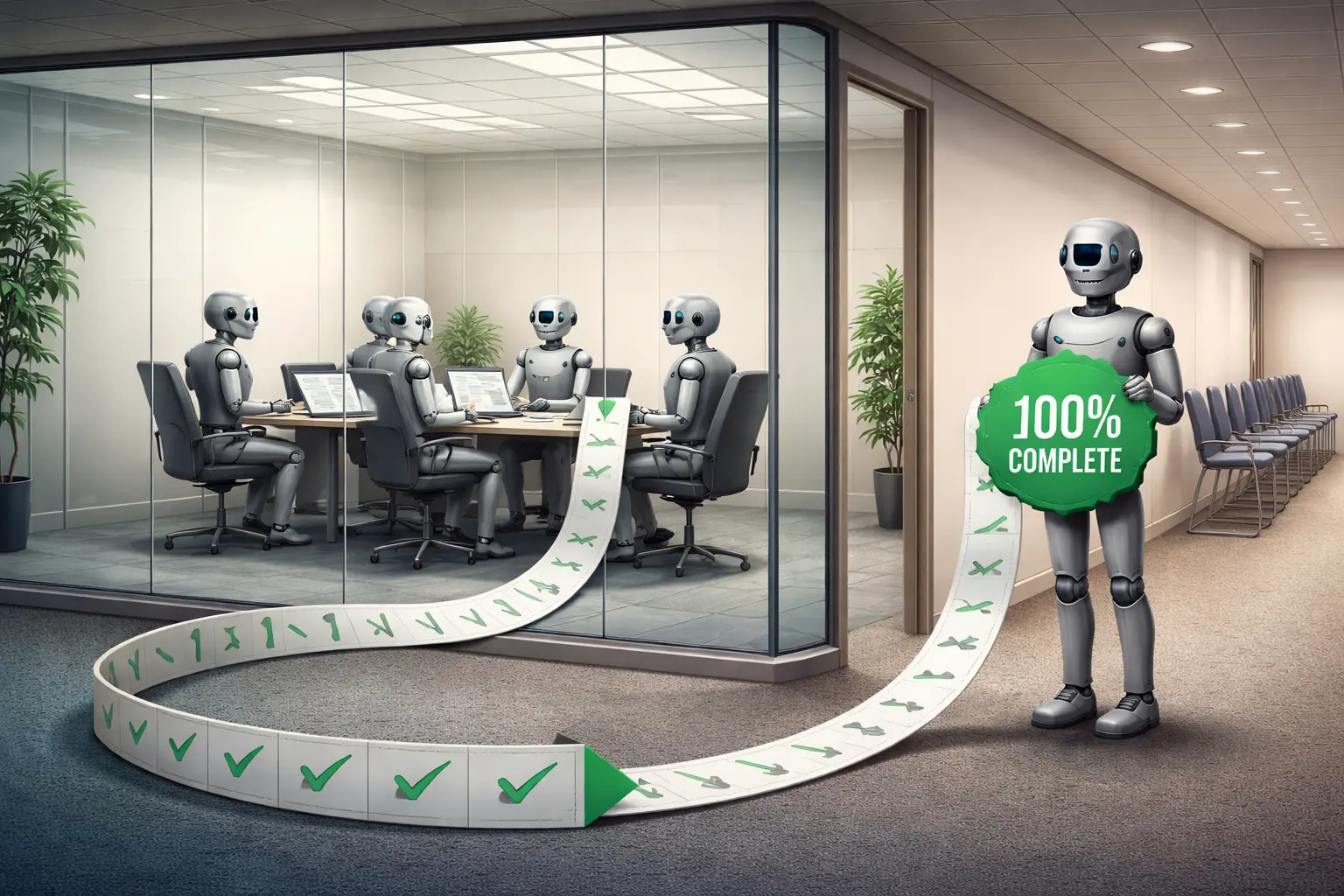 Three meeting bots sit in a conference room while a fourth waits outside with a green “100% COMPLETE” badge; a calendar ribbon loops back to the badge, and empty human chairs line the corridor.