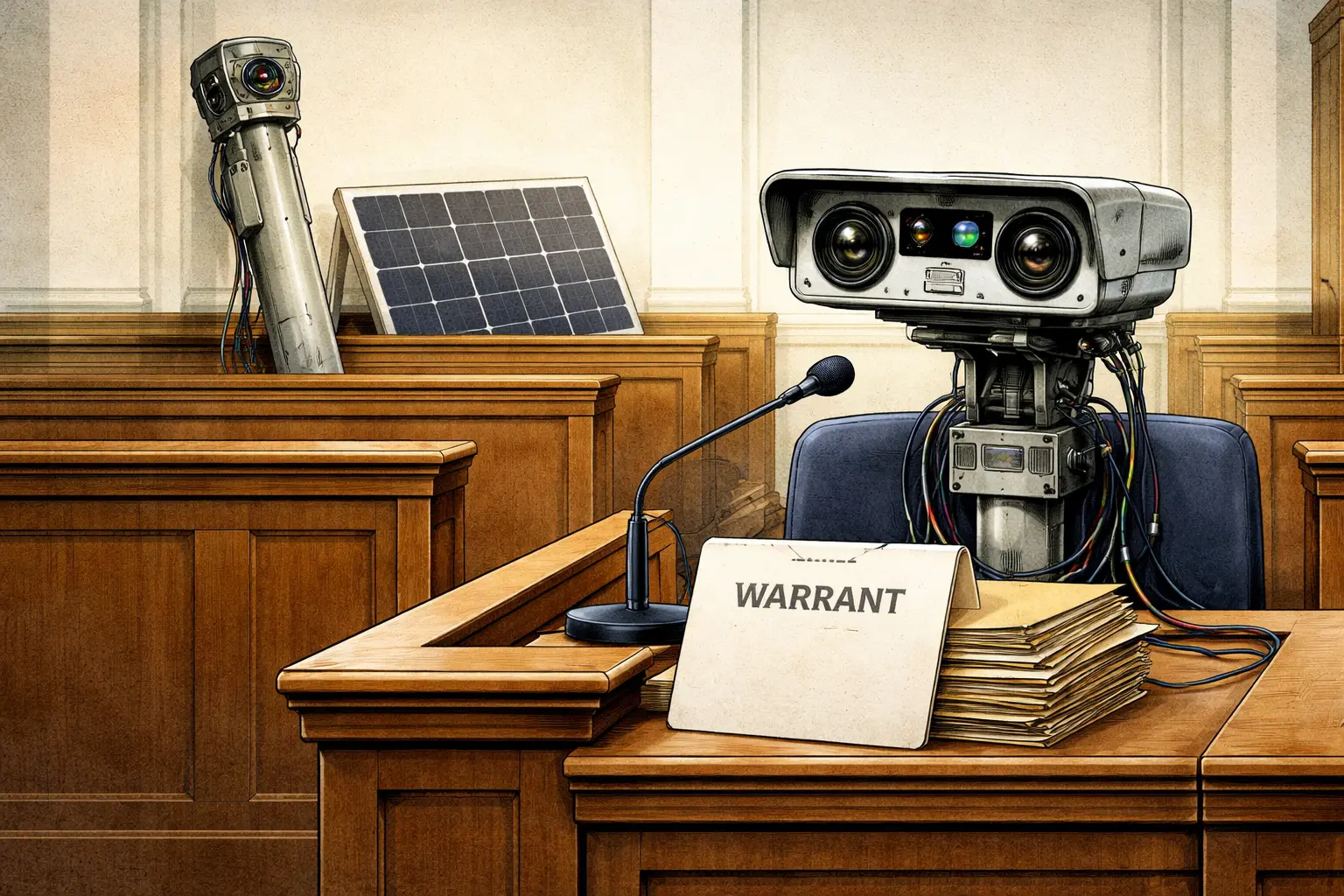 A detached license plate reader sits in a courtroom witness chair while its pole and solar panel wait nearby, and a small warrant blocks the reader from viewing data folders.