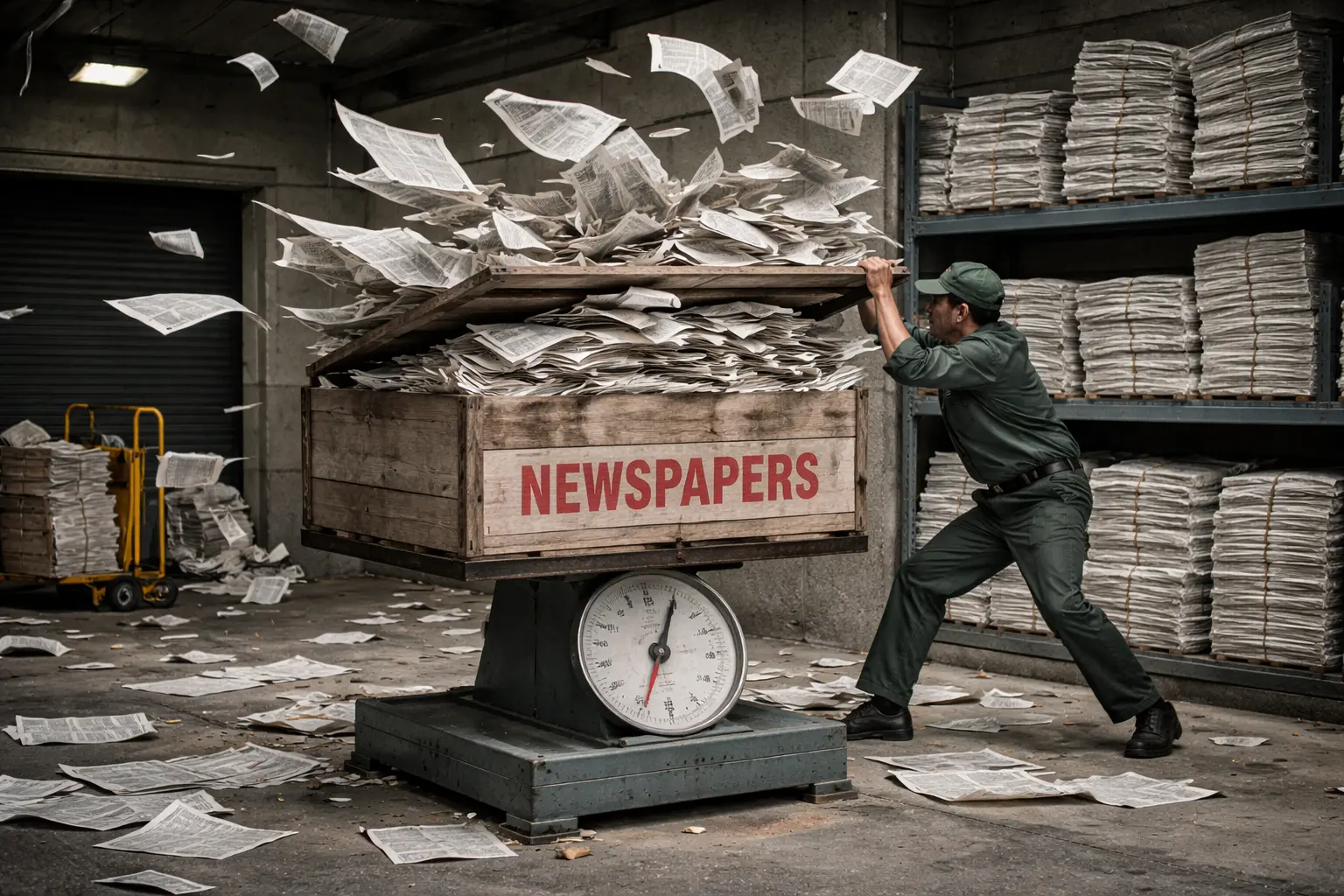 A courier struggles to hold down a newspaper crate on an overloaded municipal scale, while pages spill toward shelves of older editions.