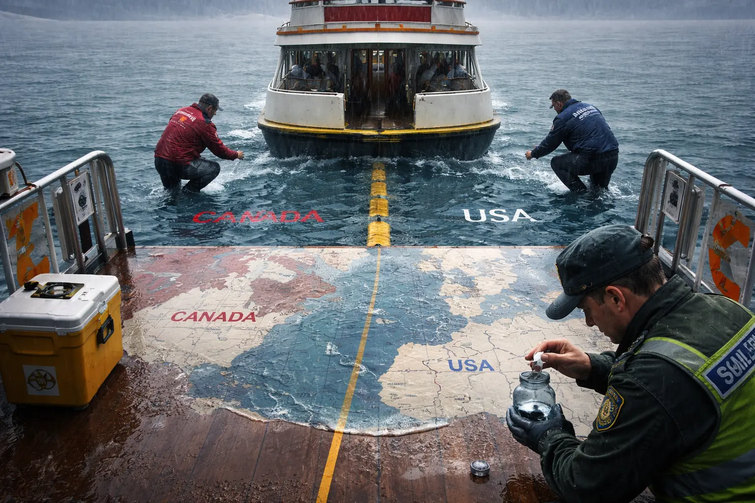A ferry is stopped at the middle of a lake as border inspectors sample one wave from both sides, seal a raindrop in a jar, and examine a map that treats the countries as opposite shores.