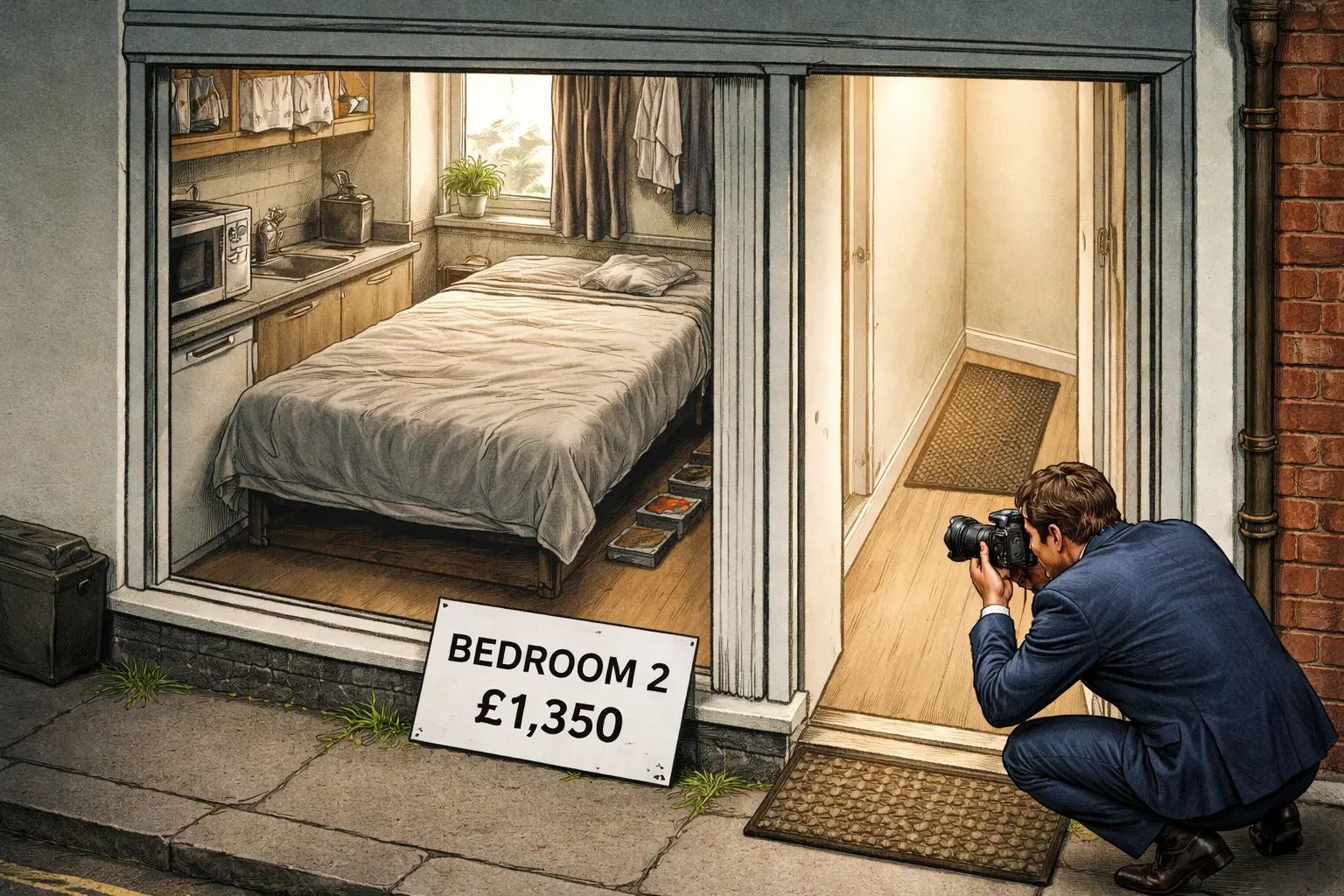 Cutaway London studio: a bed occupies the open-plan room while a narrow hallway marked “BEDROOM 2” holds only a doormat; an estate agent photographs it beside a £1,350 card.