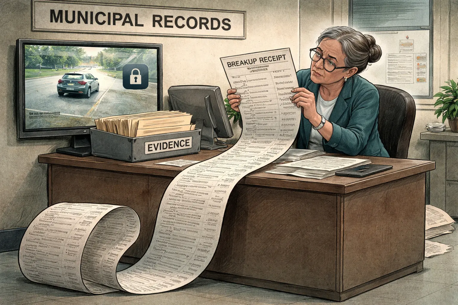 A records clerk examines a vehicle search form beside a long breakup receipt as a generic car drives away on a locked monitor.