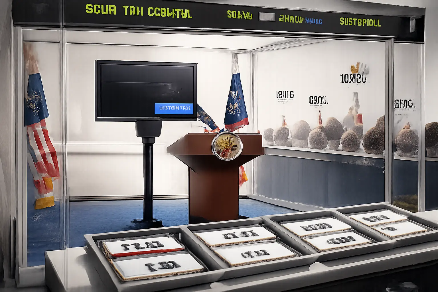 A quarantined teleprompter sits behind a presidential podium, with redacted syllables in trays and a market board showing bets on silence while the screen’s cursor moves on its own.