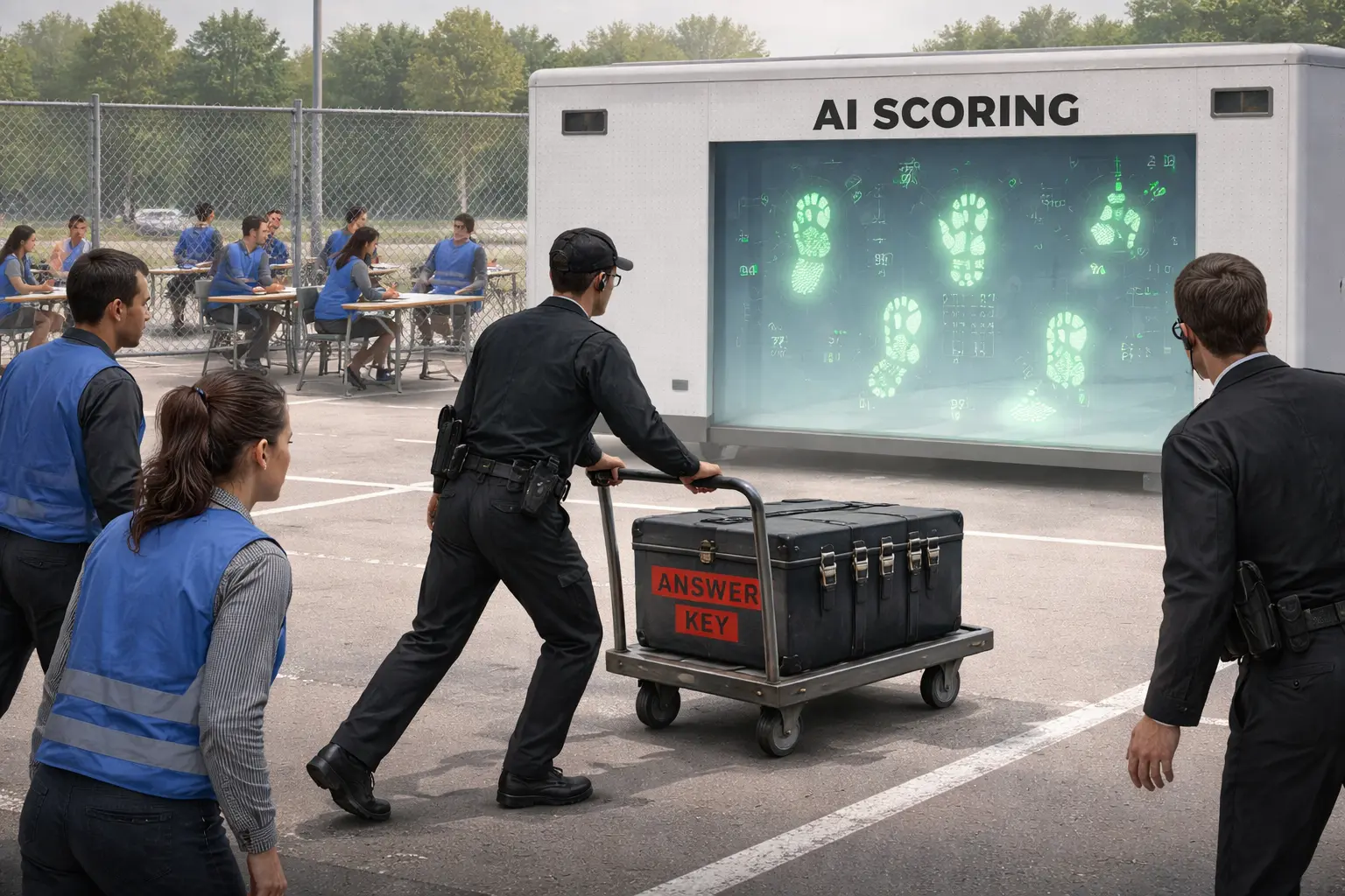 A locked case containing an answer key is escorted away on a cart while a partitioned AI test server appears to judge it, and motionless proctors stand nearby.