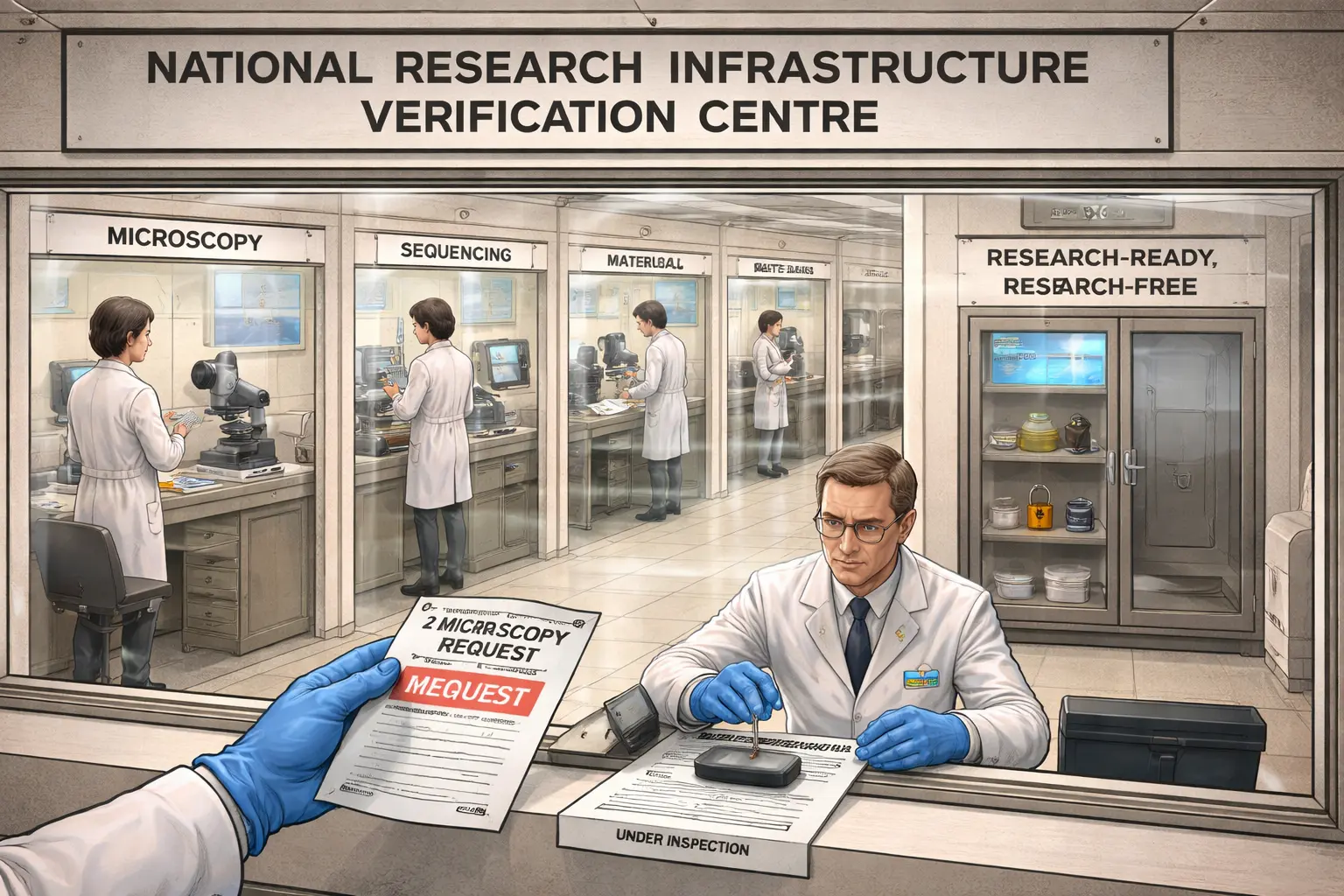 Cutaway research centre: a gloved researcher’s microscopy request is stamped “UNDER INSPECTION” while inspectors occupy the lit labs; a locked cabinet bears “RESEARCH-READY, RESEARCH-FREE,” with its key behind a…