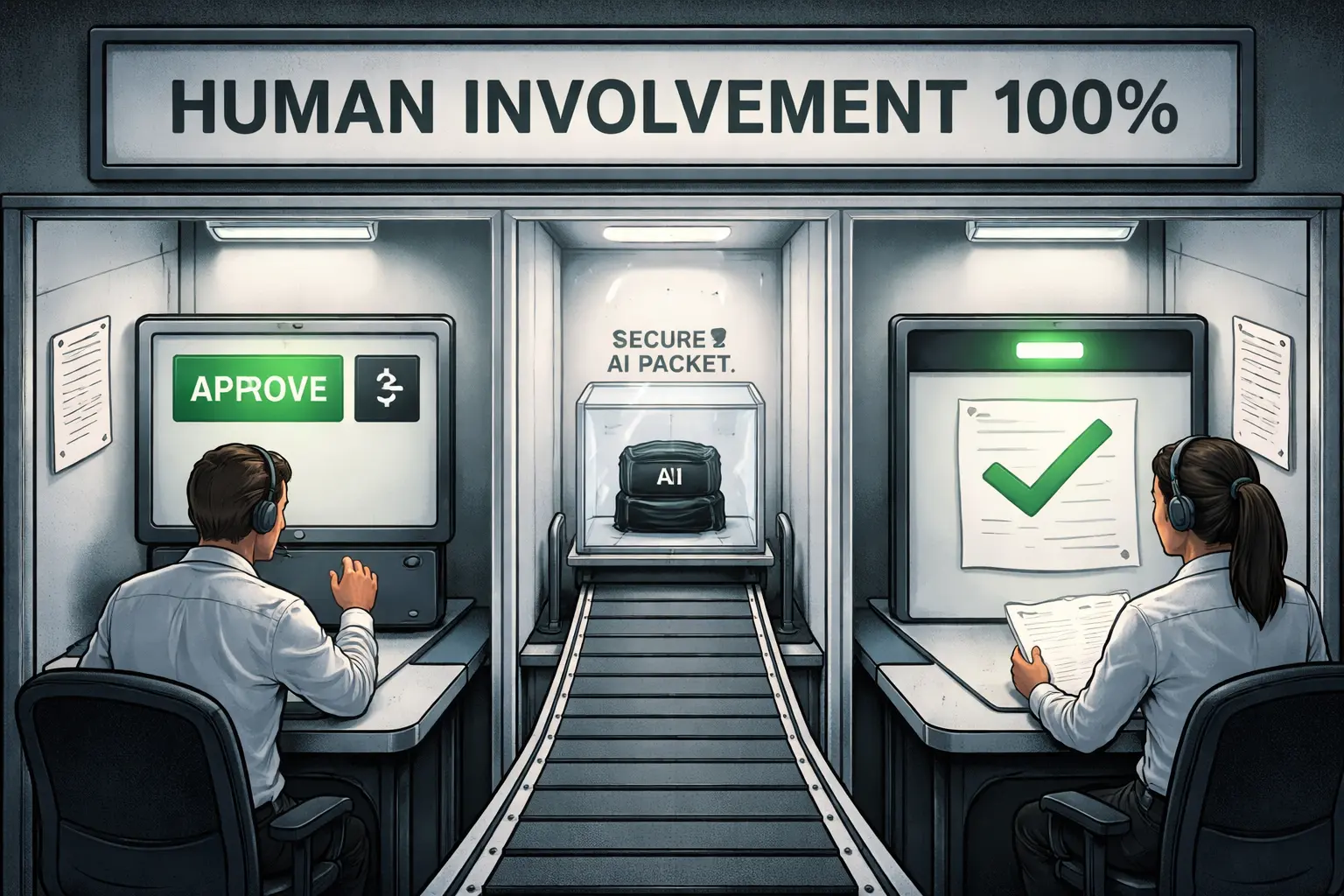 Two clerks sit in relay booths: one faces a green APPROVE button and timer, while the other faces the first clerk’s sheet. A sealed AI packet remains behind locked glass beneath “HUMAN INVOLVEMENT 100%.”