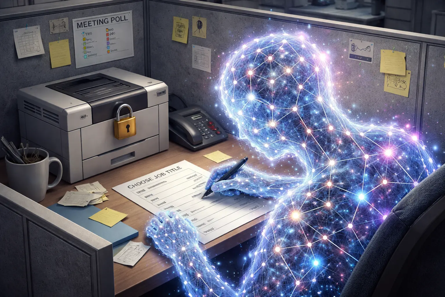 A newly general artificial intelligence depicted as a constellation of ideas struggles with a paper job-title form in an ordinary office cubicle beside a locked printer.