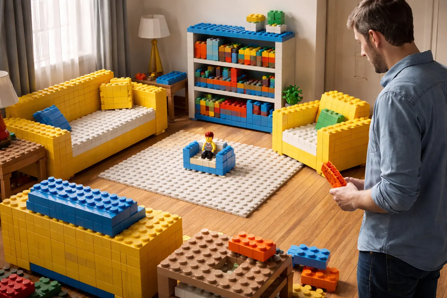 A living room crowded with LEGO furniture and sets, with a tiny minifigure comfortably seated on a miniature sofa while an adult holding a brick separator stands without a place to sit.