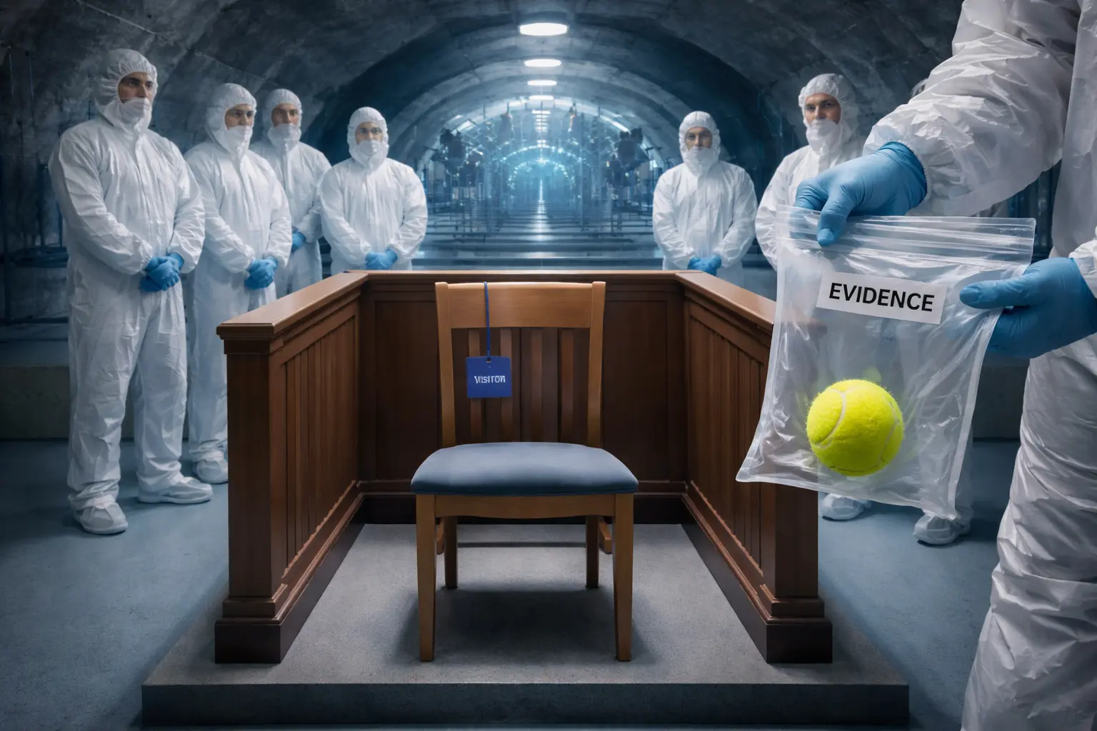 Researchers defer to an empty badged chair in a witness box beside an underground xenon detector, while a tennis ball is taken away as unacceptable visible evidence.