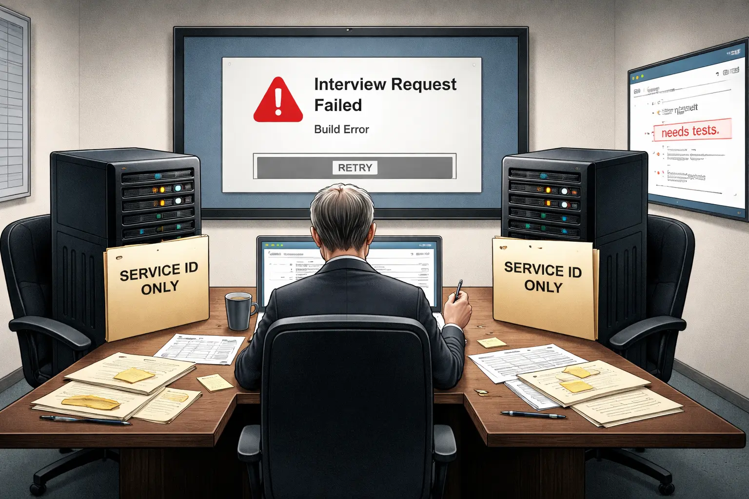 Two server towers face each other in an HR conference room; personnel folders, a red failed-build screen, identical comment slips, and a remediation pull request surround them.