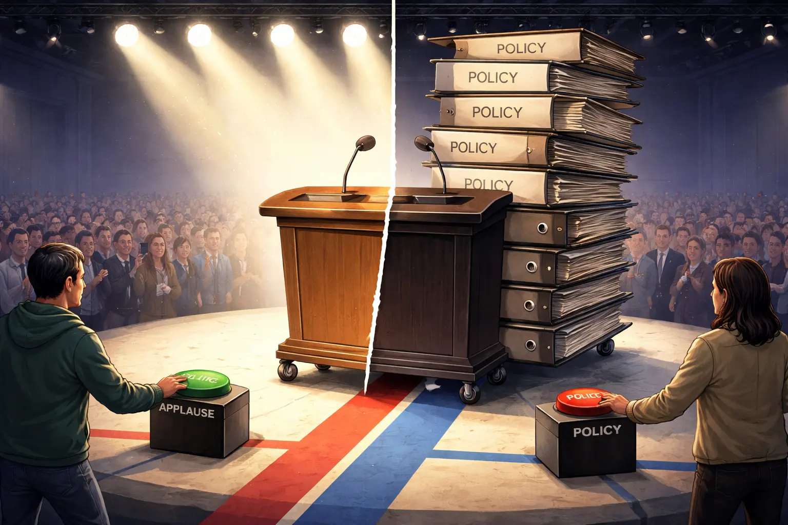 Visitors watch a single podium roll between bright public-speaking lights and stacks of policy folders in an exhibition hall comparing two leadership styles.