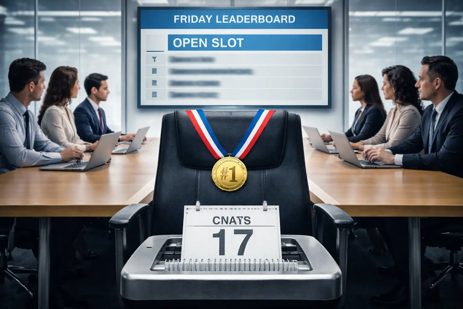 A glass conference room shows “OPEN SLOT” atop a Friday leaderboard; a gold medal hangs on an empty chair while employees sit with closed laptops and an action-item card enters a shredder.