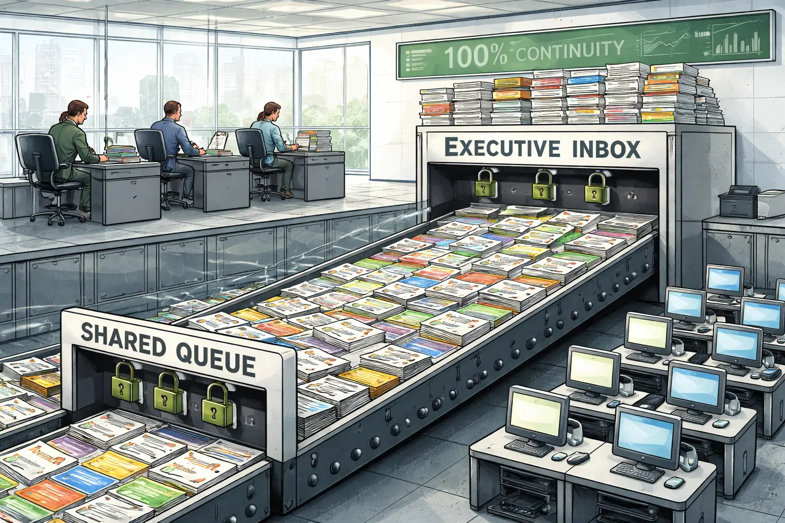 A jammed conveyor of unfinished task cards sits below a locked completion gate while manager terminals send three-banded summaries into a giant executive inbox beneath a dashboard reading “100% CONTINUITY.”