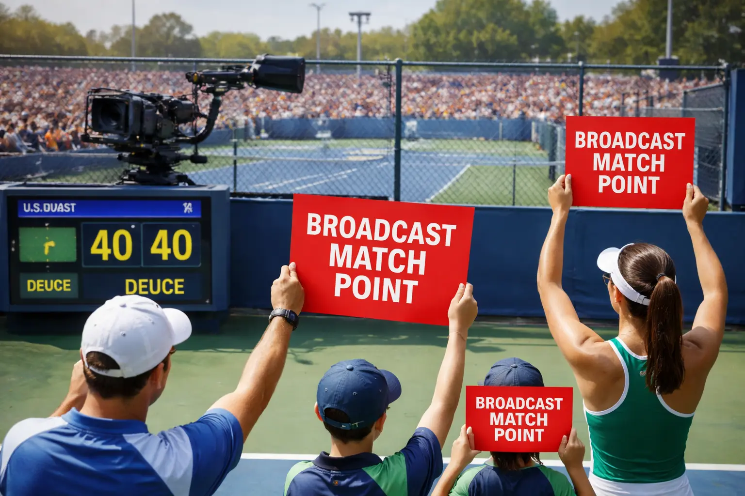 Players and ball kids hold red broadcast-match-point cards beside a scoreboard while a roaming camera points toward another tennis court.