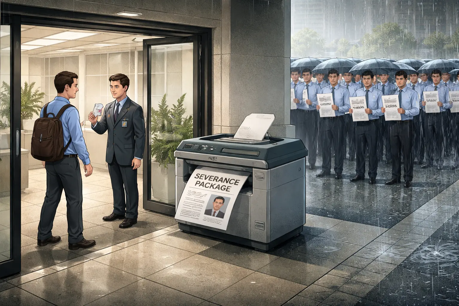 At an office entrance, a returning employee is admitted while other workers wait outside with appeal papers; inside, a printer produces a severance packet for the employee the selection system had overlooked.