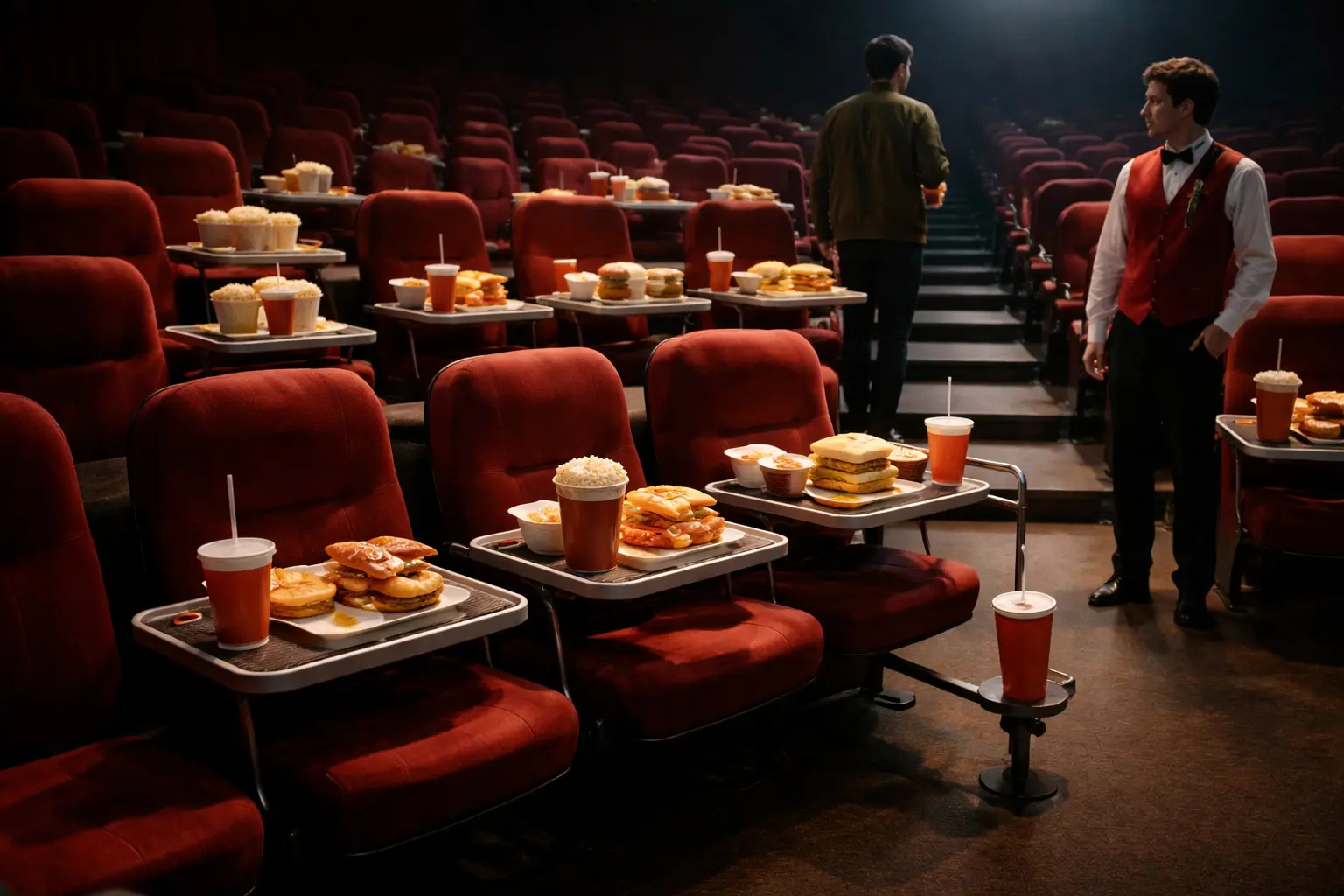 Cinema seats are covered with delivered snacks while an usher waits for a standing moviegoer to leave an untouched soda behind.