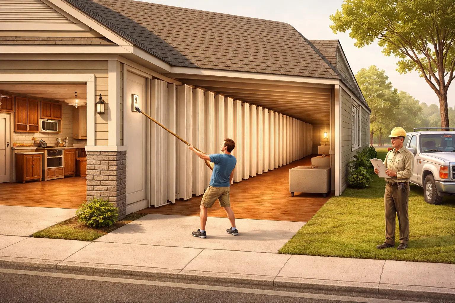 A suburban house has stretched into a long corridor, with a homeowner pulling a light switch closer using a broom while an inspector watches from the curb.