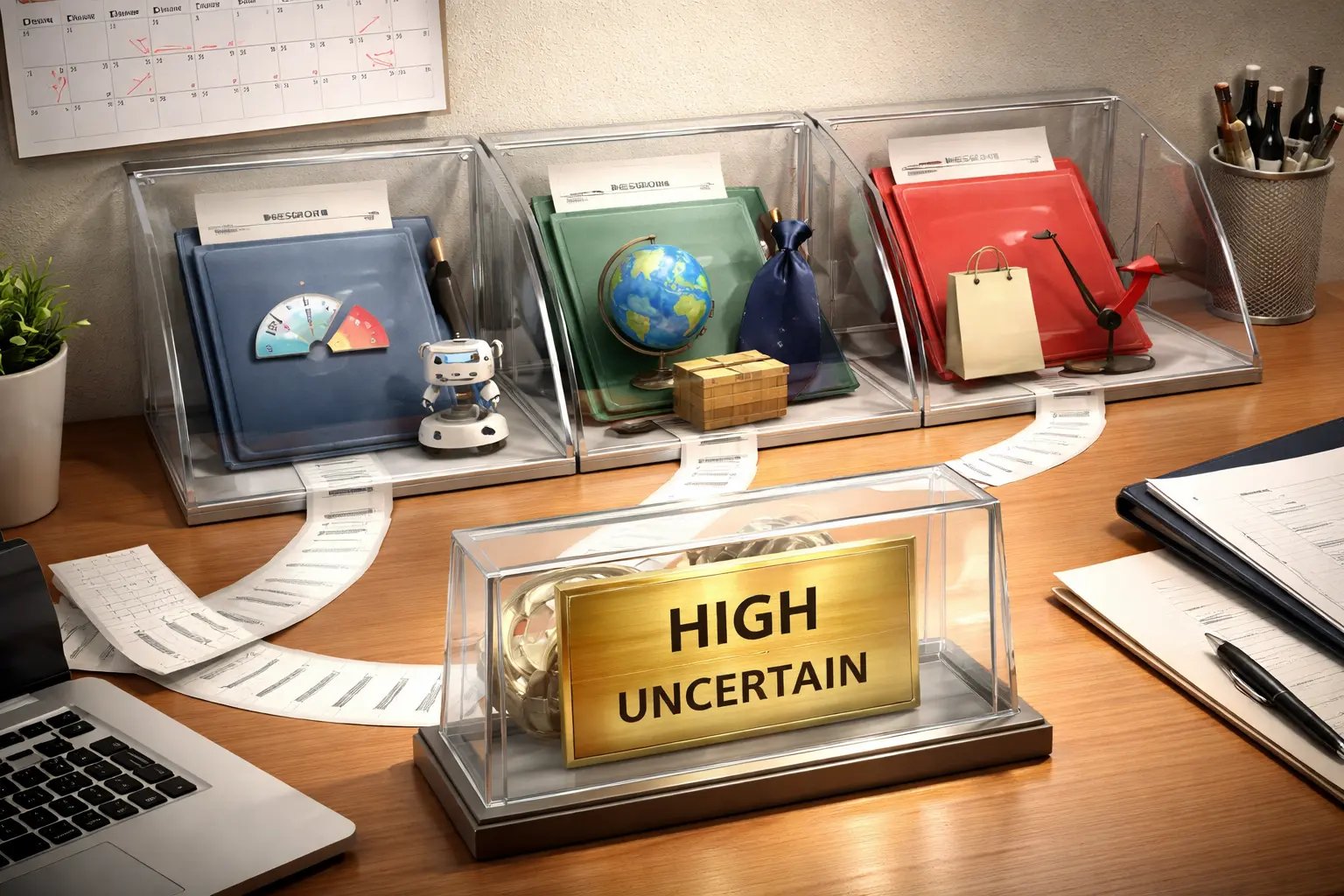 Three separate outlook folders sit beside an AI gauge, a globe with trade props, and a split economy scale; their footnotes enter a case holding a plaque marked “HIGH” over “UNCERTAIN.”