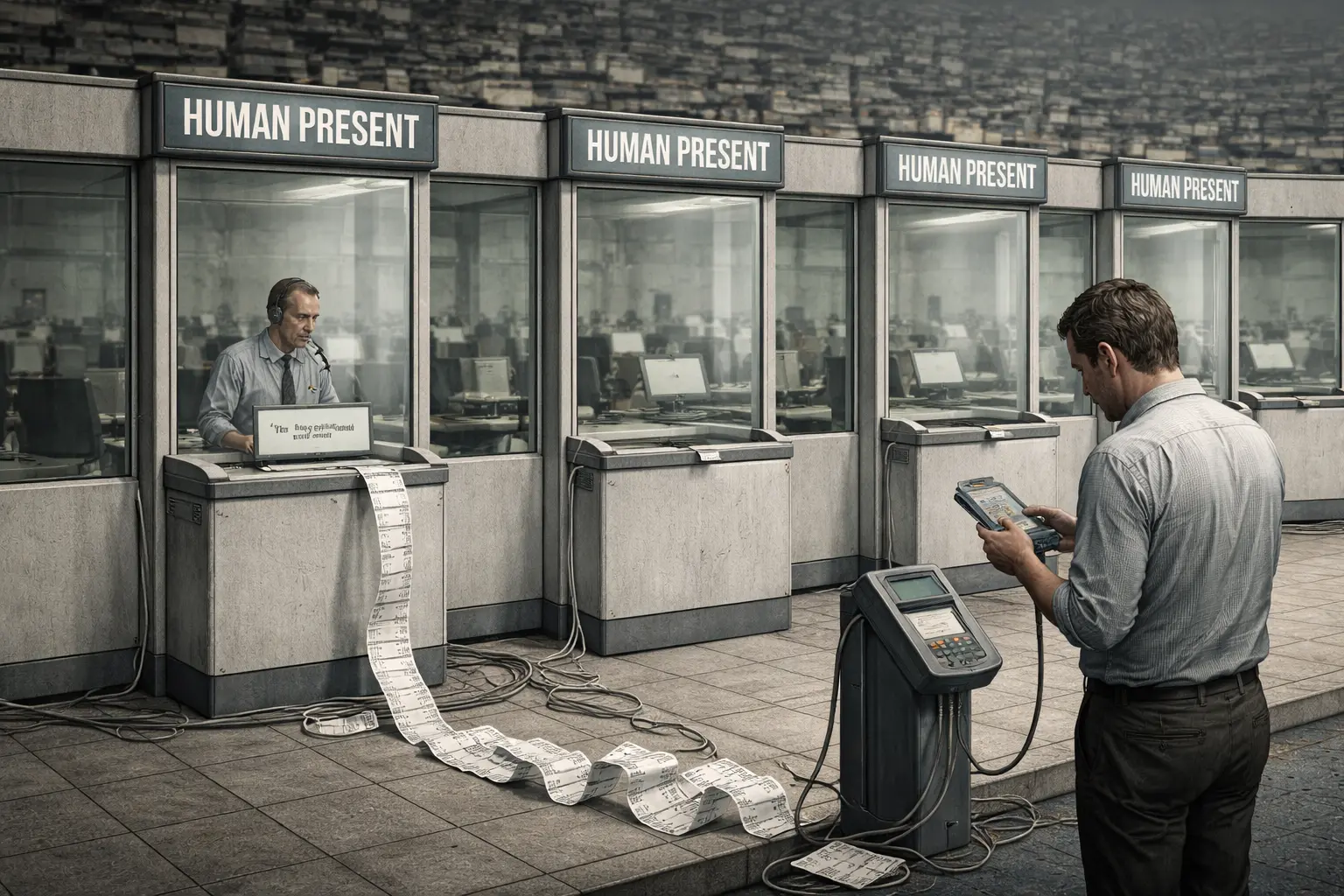 Glass booths labeled “HUMAN PRESENT” fill an office entrance; an operator speaks into a one-way microphone beside locked controls while a receipt-spitting card reader faces a worker with a rejected badge.