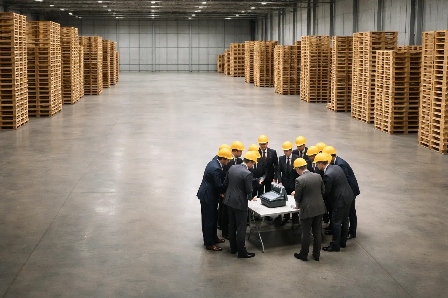Investors in hard hats stand in a huge mostly empty hangar around a tiny folding table and cash register, dwarfed by empty pallets.