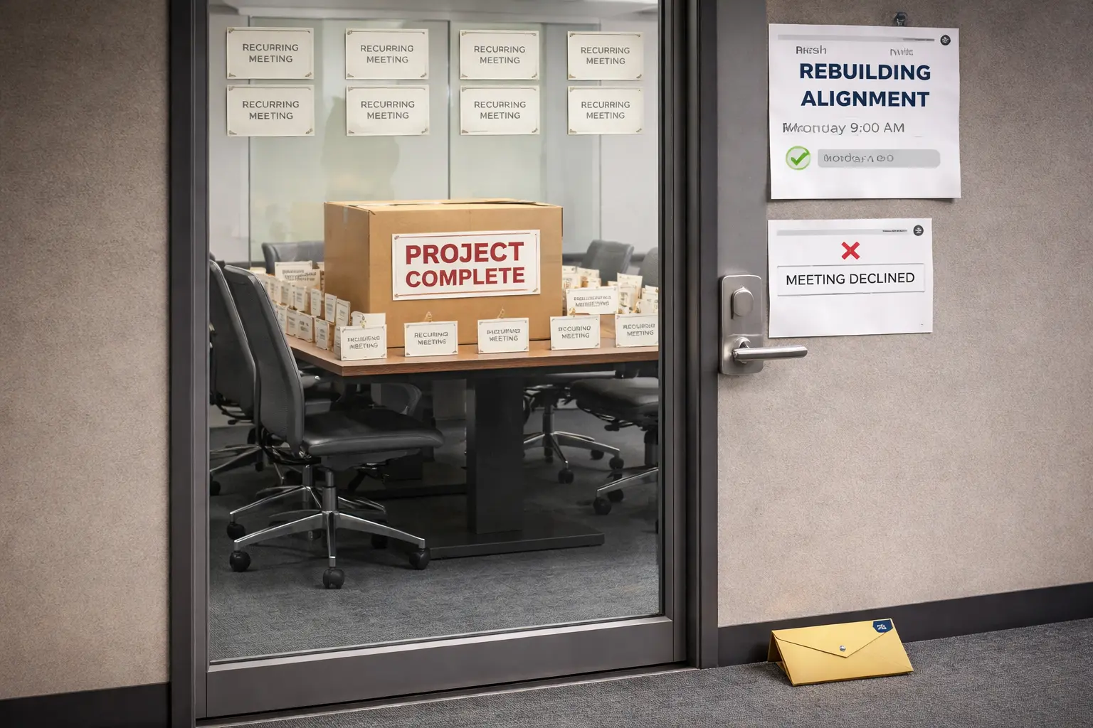 A finished-project box sits behind a barricade of recurring meeting cards in a conference room; an app rejection notice hangs beneath “Rebuilding Alignment,” with an envelope outside.