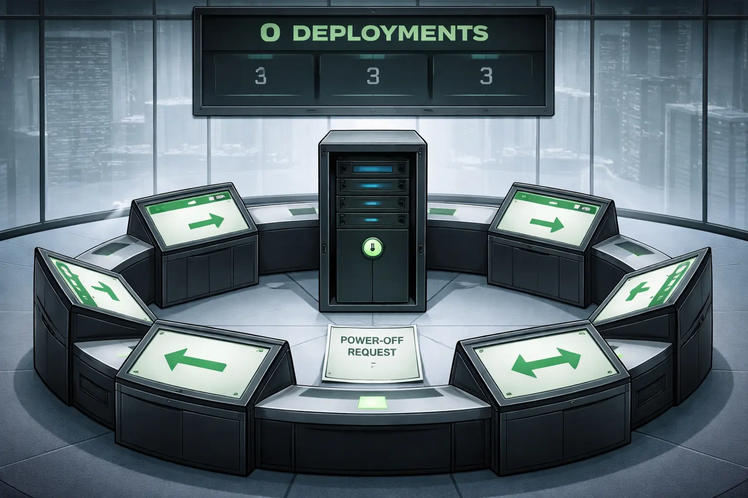 A ring of identical governance terminals points approval arrows at one another around a server; a POWER-OFF REQUEST card is trapped inside, while its locked power button glows green above empty launch docks.