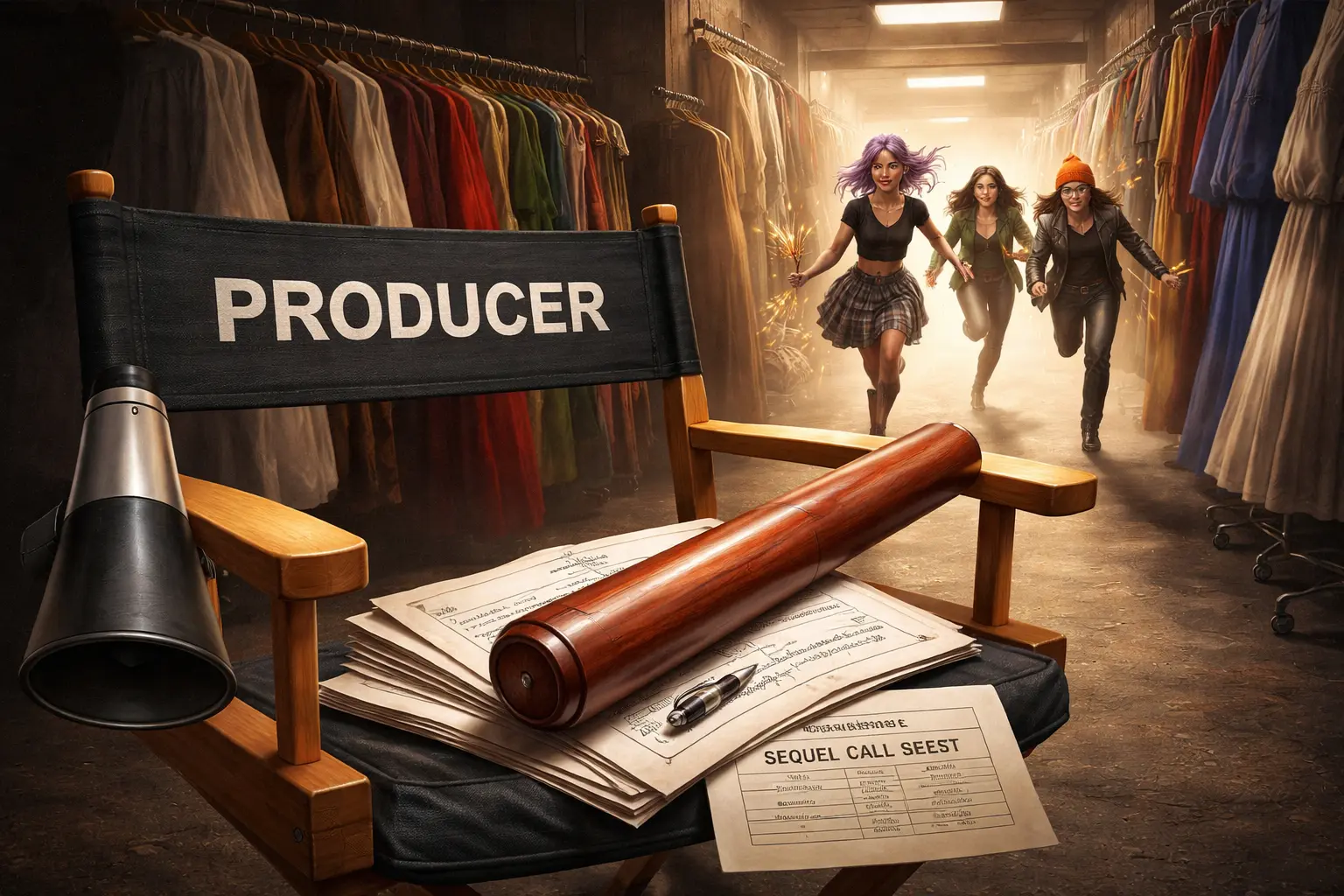 A wooden baton occupies a producer’s chair at a film premiere as younger witches chase it past restored costumes, contracts and a sequel call sheet.