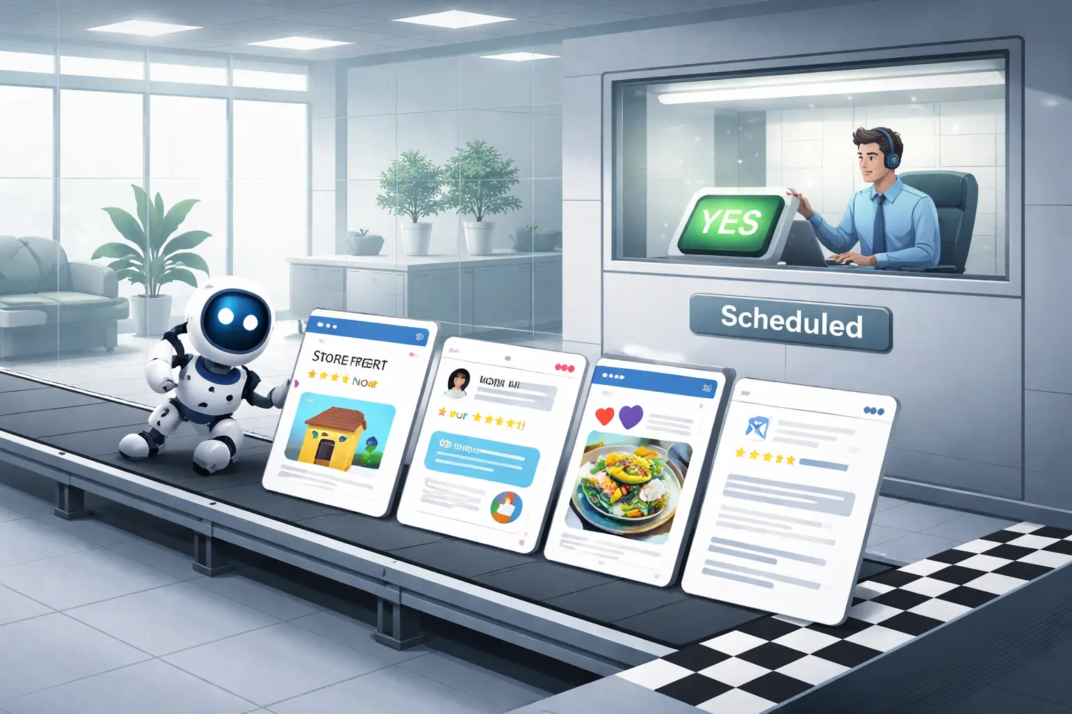 A marketing robot sends a storefront listing, review reply, social post, and search-result tile past a finish line. Afterward, a marketer in a glass booth presses YES beside a clipboard; another conveyor exits under a…