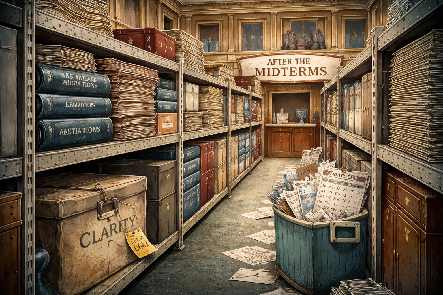 Covered desks sit in an empty Senate chamber turned storage aisle. A CLARITY Act parcel is buried behind nomination folders and a sanctions dossier, its claim ticket on the latch beneath “AFTER THE MIDTERMS.”