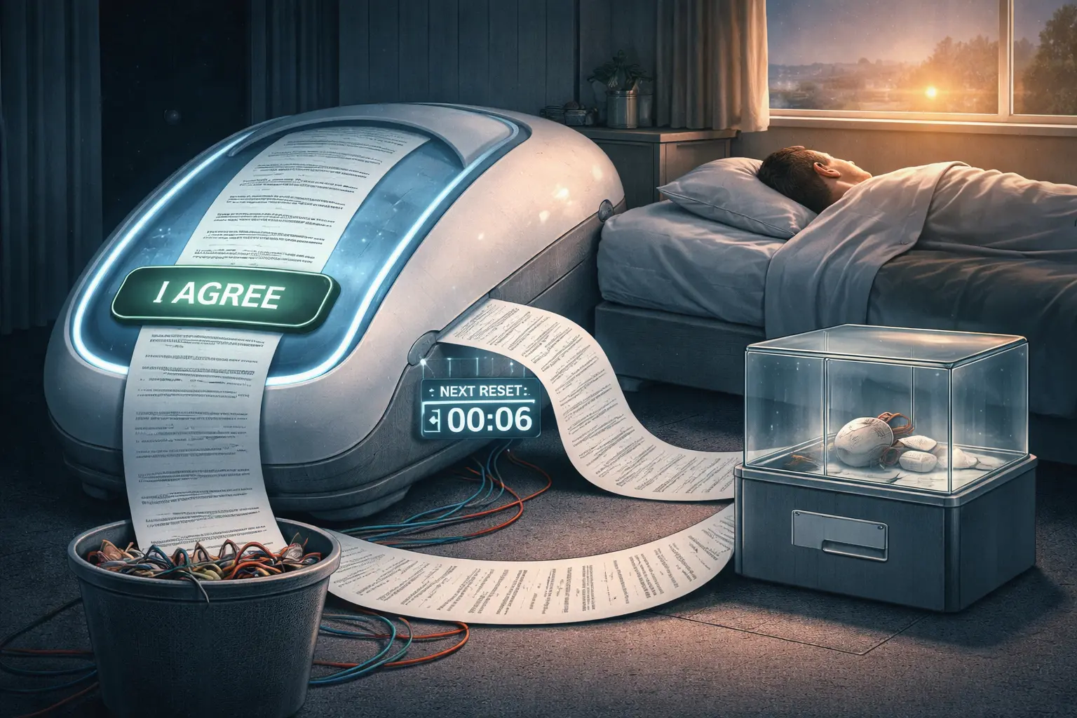 A sleeping person lies beside a reset pod as intact terms pages loop from “I AGREE” through a “NEXT RESET” timer; severed connection cords spill into a bin, and a mouse rests in a separate lab chamber.