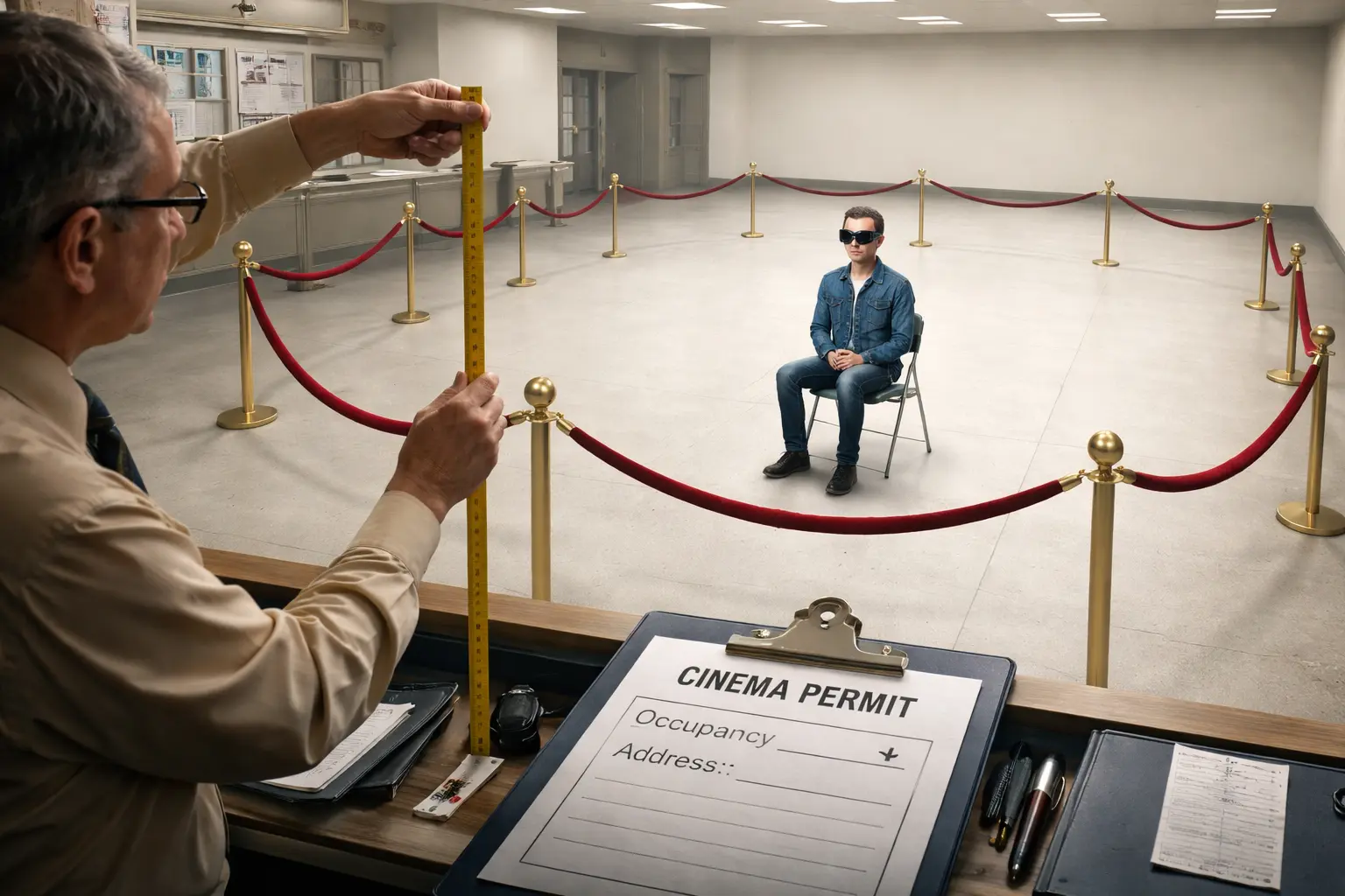 A zoning clerk measures a person in AR glasses inside a giant velvet-rope boundary around one folding chair and empty floor; a clipboard shows a checked occupancy box and blank address line.