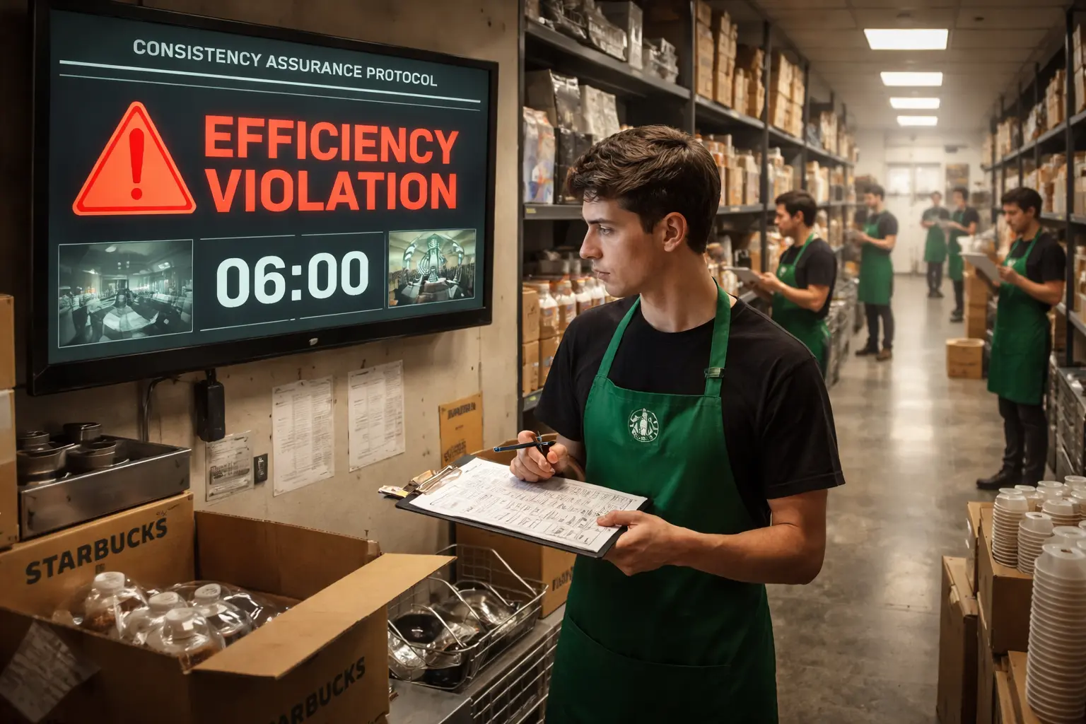 A Starbucks barista waits beside a completed inventory checklist while an AI screen flags the count as too efficient and a countdown clock continues.
