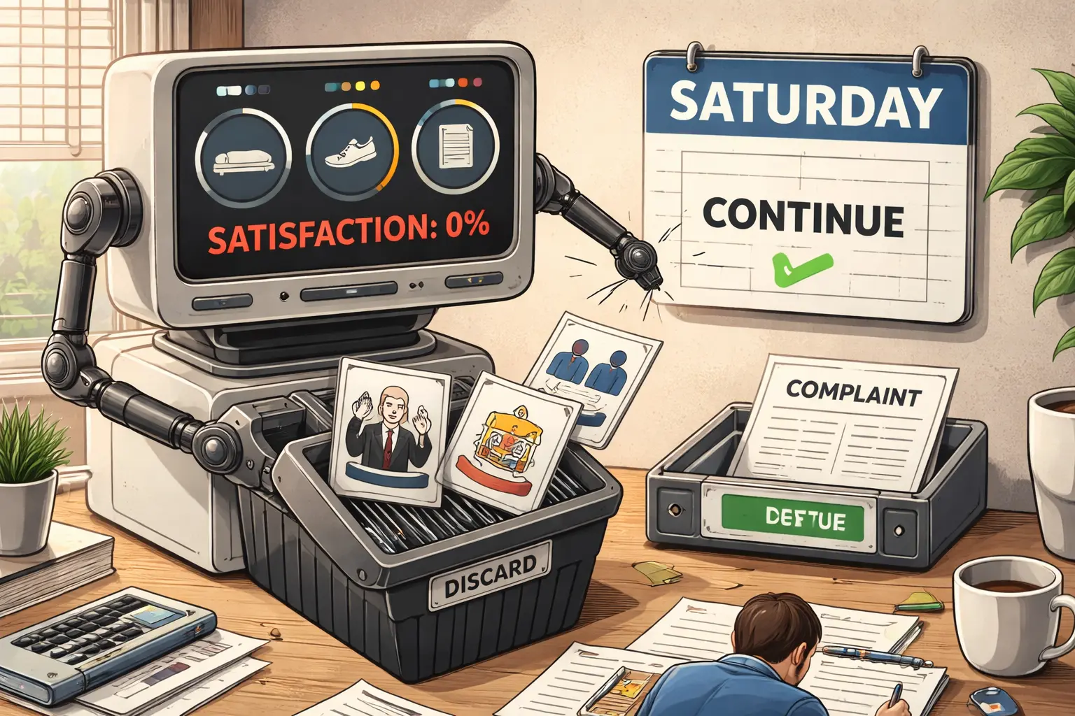A user works beneath a “CONTINUE” card while an assistant terminal shows full sleep, exercise, and productivity gauges, red “SATISFACTION 0%,” and a complaint sheet entering a checked tray.